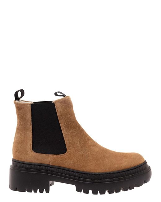 Pollini Brown Beige Chelsea Boots With Platform In Suede
