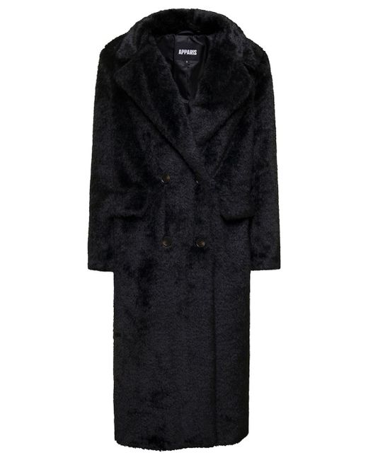 Apparis Black 'astrid' Double-breasted Coat With Revers Collar In Faux Fur