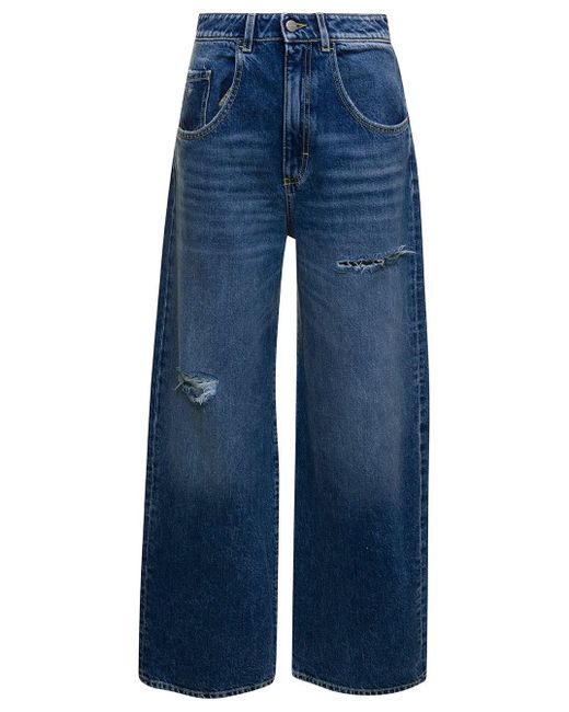 ICON DENIM Blue 'poppy' E Wide Leg Jeans With Rips In Cotton Denim Woman