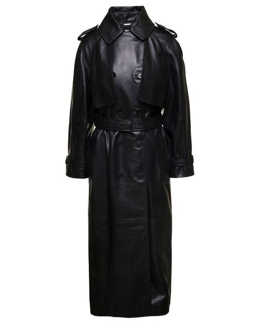 Alberta Ferretti Black Double-breasted Trench Coat With Belt In Smooth Leather