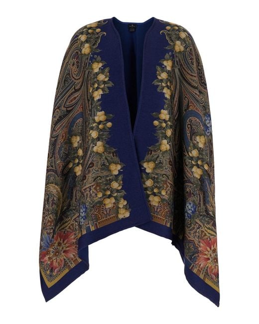 Etro Blue Printed Cape With Wool And Modal For