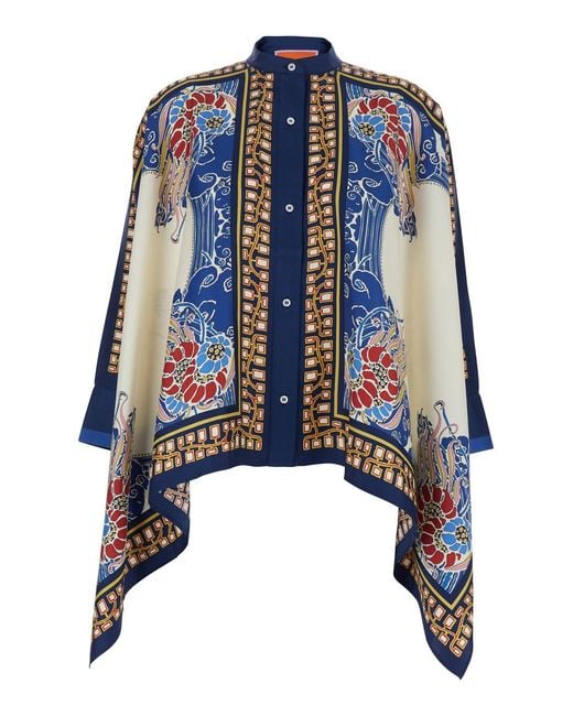 LaDoubleJ Blue Silk 'Foulard' Shirt With Draping And Floral Print For