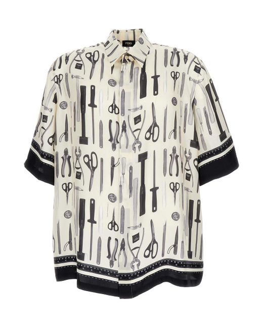 Fendi White Bowling Shirt With All-Over Tools Print for men