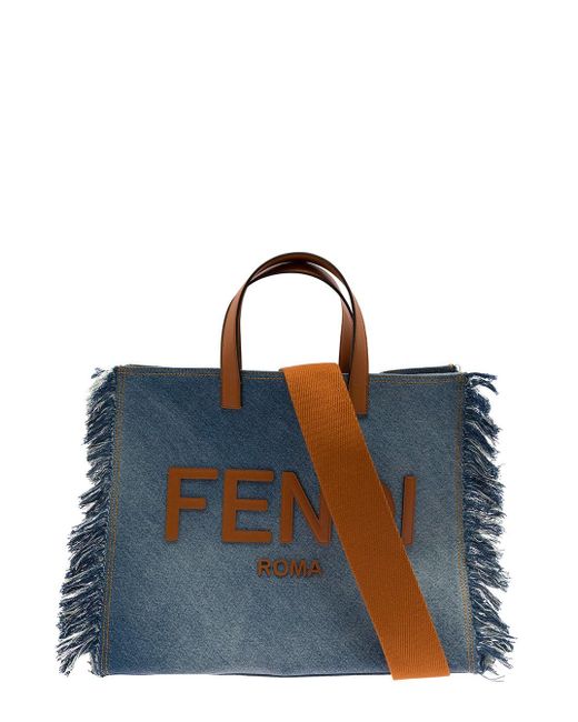 Fendi Blue E Tote Bag With Fringes And Logo Lettering In Cotton Denim Man for men