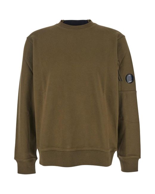 C P Company Green Crew Neck Sweater With Logo Plaque On The Sleeve for men