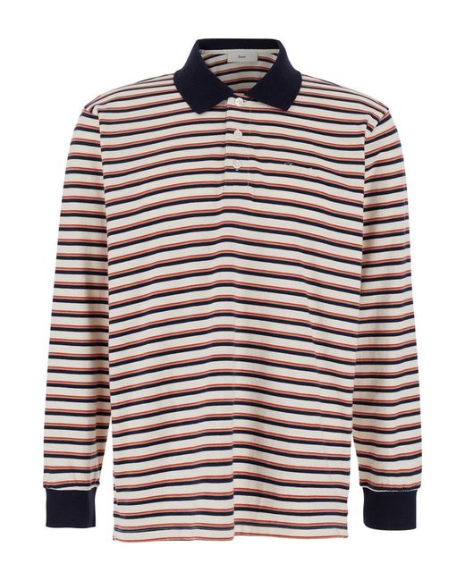 DUNST Blue Polo Shirt With All-Over Striped Motif And Logo Embro