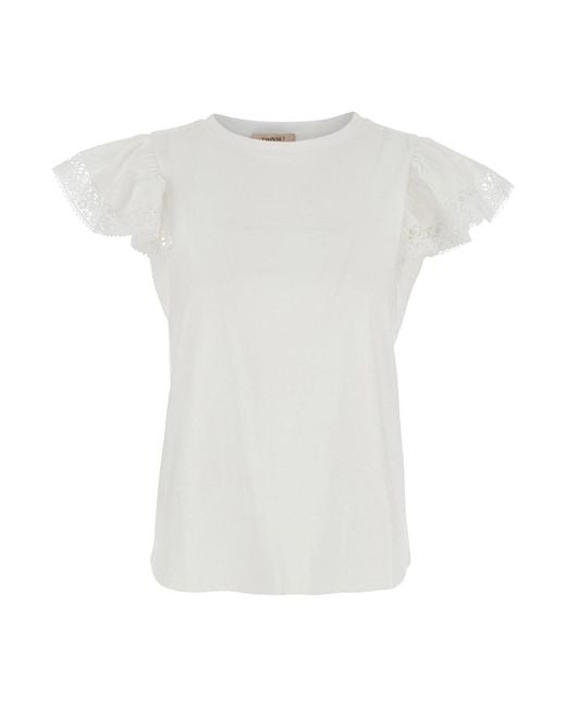 Twinset White T-Shirt With Embroidery Details And Round Neck