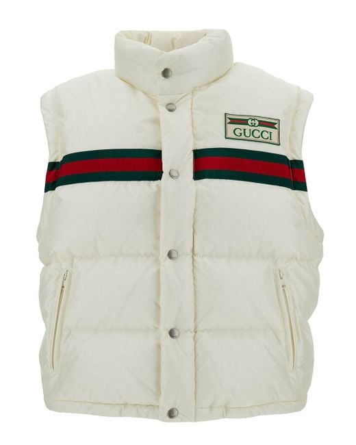 Gucci White High Neck Down Jacket With Web Detail And Logo Patch