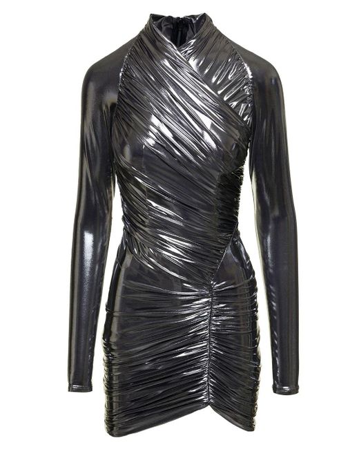 Ferragamo Black Mini Silver-colored Gathered Dress In Laminated Fabric Woman