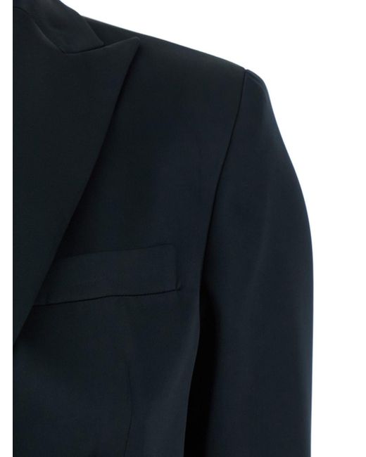 Plain Blue Double-Breasted Jacket With Peak Revers