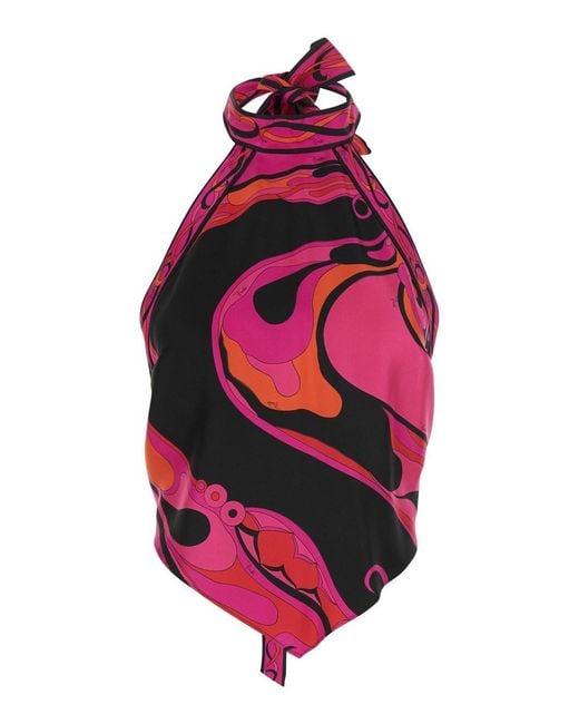 Emilio Pucci Pink Fuchsia Sleeveless Top With Halterneck And All-Over Orchidea Pri