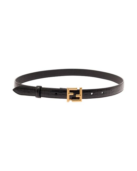 Fendi Black Thin Belt With Ff Buckle And Embossed Motif In Leather