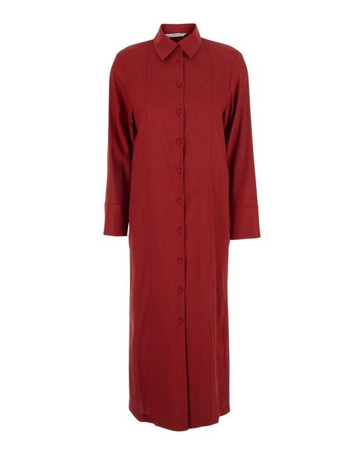 Max Mara Pure Red 'Nordic' Long Dress With Classic Collar And Long Slee