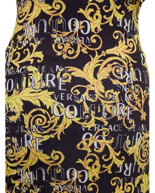 Versace Black V Neck Mini Dress With All-Over Couture Logo Print