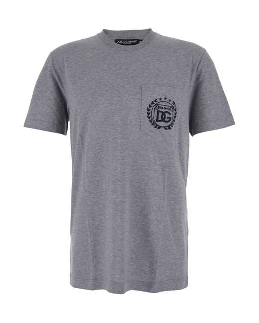 Dolce & Gabbana Gray Crewneck T-Shirt With Logo Embroidery On The Front for men