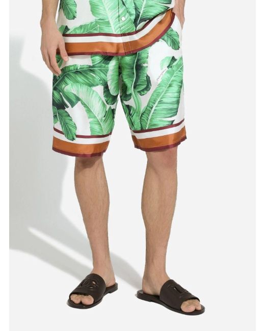 Dolce & Gabbana Green Bermuda Shorts With All-Over Leaf Print for men