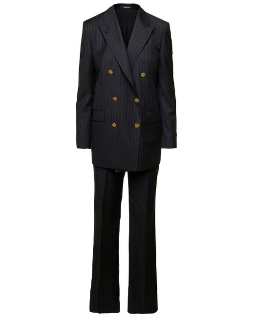 Tagliatore 'jasmine' Black Suit With Stripe Motif And Golden Buttons In Wool Woman