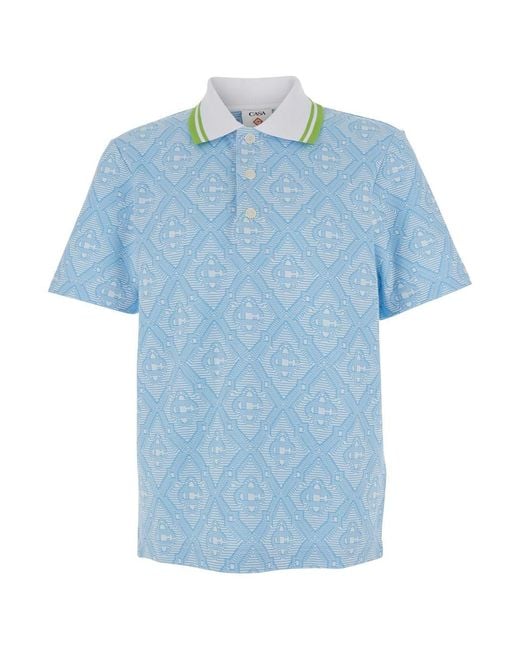 Casablanca Blue Light Polo Shirt With Classic Bicolor Collar And All-Over Embroidery for men