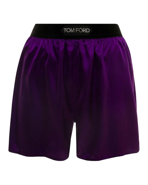 Tom Ford Purple Loose Pants With Logo Patch In Stretch Silk Woman