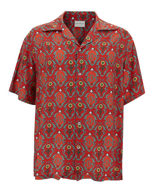 Drole de Monsieur Red Bowling Shirt With Ornements Print for men