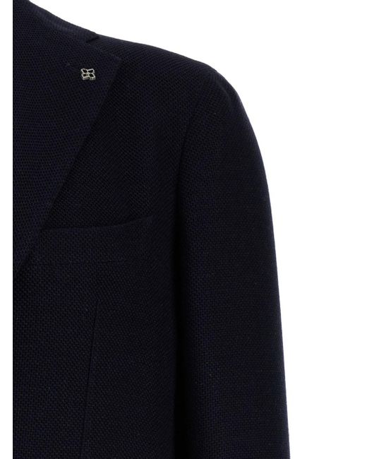 Tagliatore Blue Single-Breasted Jacket With Logo Pin for men