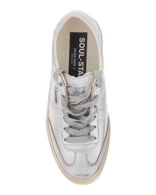 Golden Goose Deluxe Brand White 'Soul-Star' Metallic Sneakers With Logo Lettering On The Back And On The Tongue