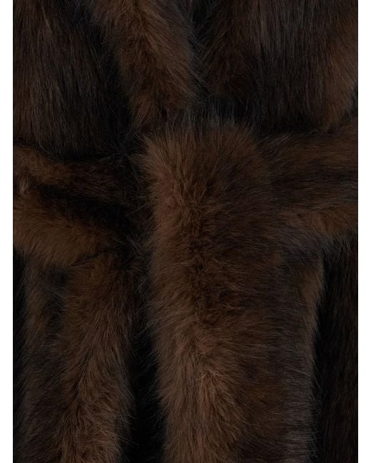 Le Plain Black Long Synthetic Fur Coat With Pockets And High Collar, Ma
