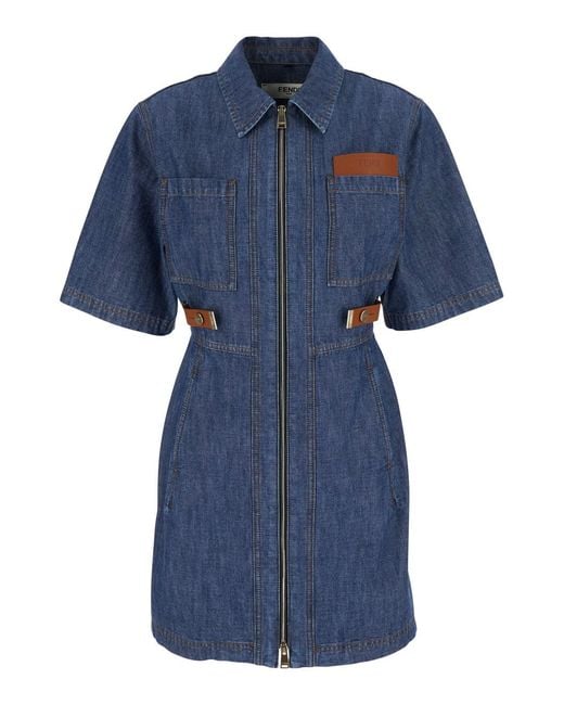 Fendi Blue Dress With Classic Collar And Leather Logo Patch On The Fro