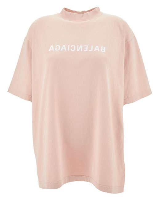 Balenciaga Pink Oversized Crewneck T-Shirt With Logo Print