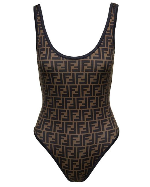 Fendi Brown Woman's One-piece In Lycra With All-over Ff Motif Swimsuit