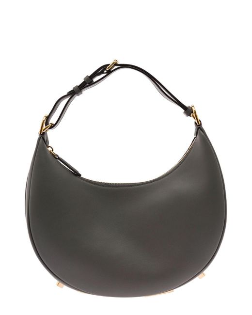 Fendi Gray 'graphy' Dark Small Hobo Bag With Lettering In Leather Woman