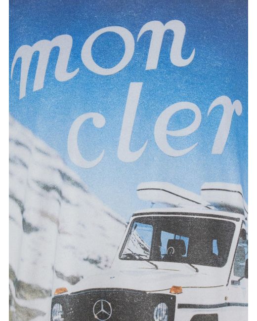 Moncler Genius Blue Crewneck T-Shirt With Logoed Motif And Car Print for men