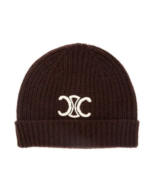 Celine Women's Brown Beanie With Triomphe Embroidery On The Front hats