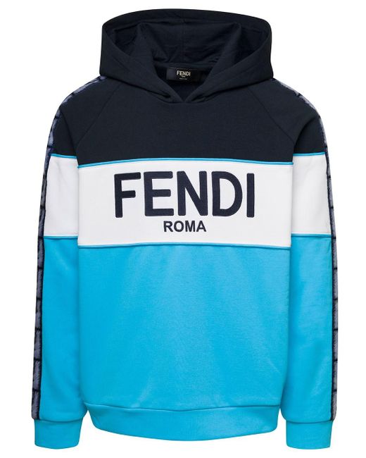 Fendi Blue Multicolor Hoodie With Logo Print In Cotton Blend Man for men