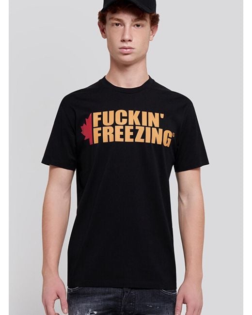 DSquared² Black Crewneck T-Shirt With Print On The Front And Logo Lettering On The Rear for men