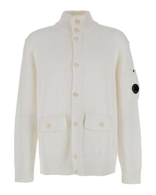 C P Company White Cardigan With High Neck And Lens Motif Applied On The Sleeve for men