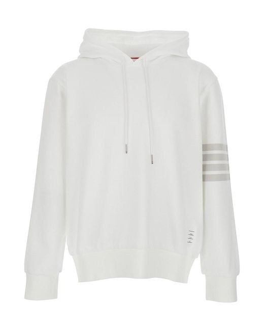 Thom Browne White Hoodie With Drawstring Hood And 4Bar Logo On The Sleeve for men