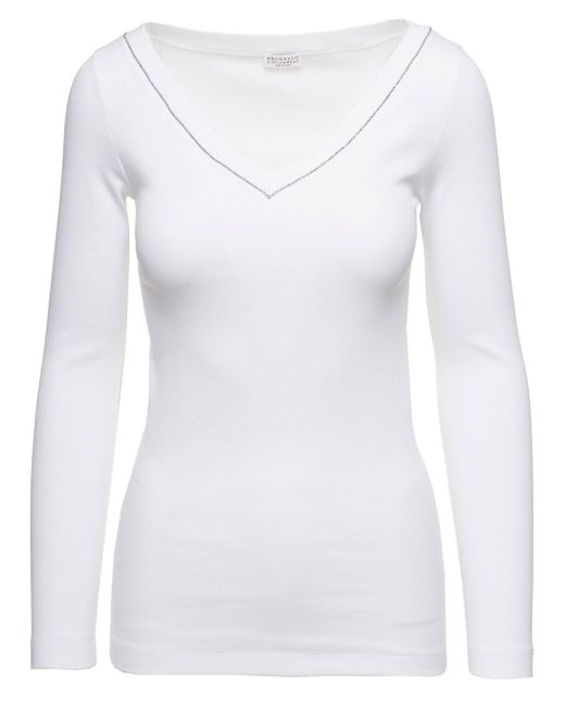Brunello Cucinelli White V-Neck Pullover With Beads Detailing