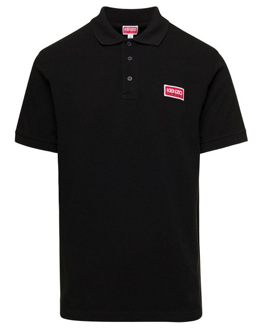 KENZO Black Polo Shirt With Buttons And Logo Patch In Cotton Man for men
