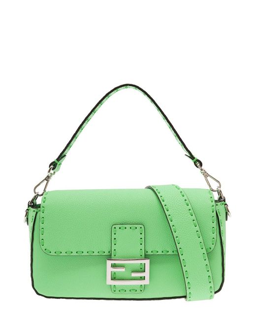 Fendi Green 'baguette Medium' Shoulder Bag With Ff Closure And Matching-tone Stitching In Grainy Leather Woman