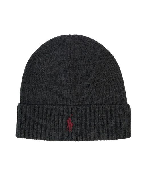 Polo Ralph Lauren Black Grey Beanie With Red Pony Embroidery In Wool for men
