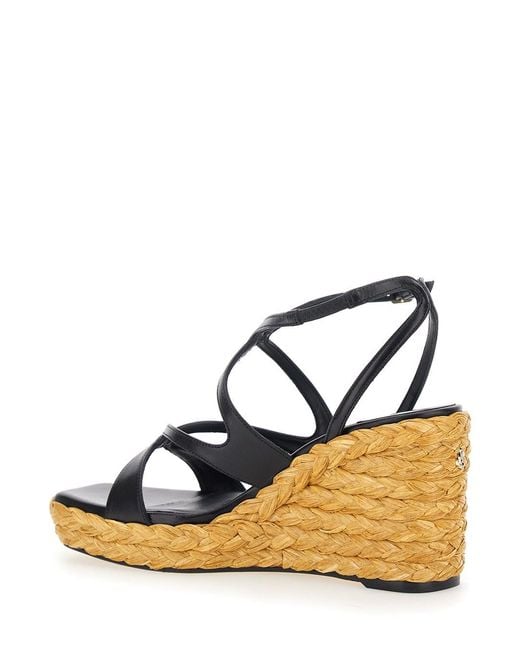 Jimmy Choo Blue 'ayla' Black Wedges With Leather Ankle Strap And High Heel In Leather And Fabric Woman