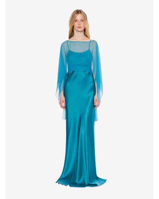 Alberta Ferretti Blue Long Dress With Layered Design And Upper Cape