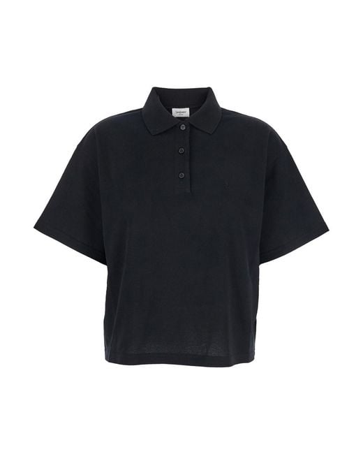 Saint Laurent Blue Oversize Polo Shirt With Classic Collar And Tonal Logo Embroidery On The Front