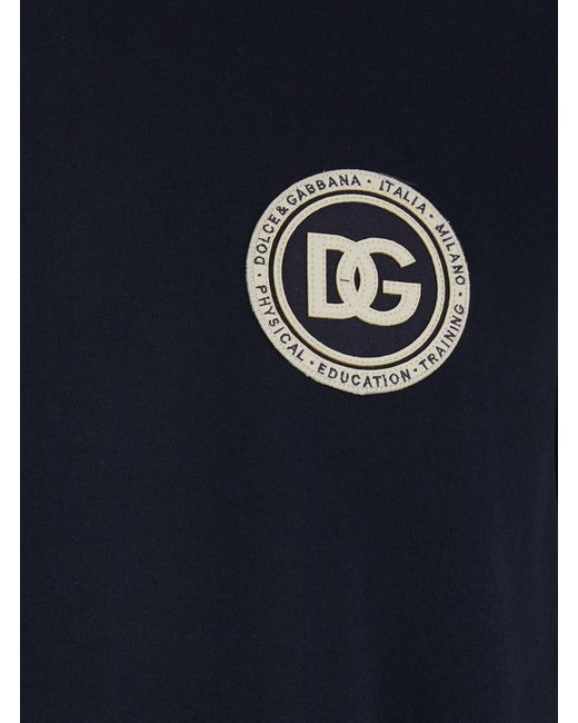Dolce & Gabbana Blue Crewneck T-Shirt With Logo Embroidery On The Front for men