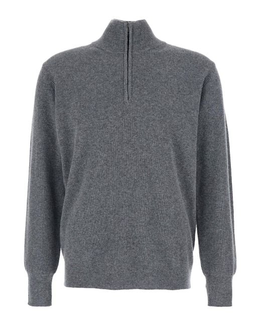 Roberto Collina Gray Ribbed Knit Sweater With High Neck And Half Zip C for men