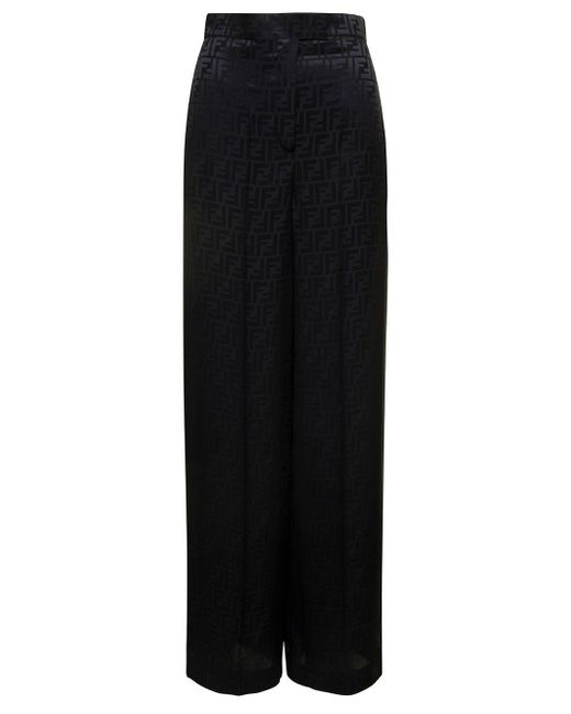 Fendi Black Loose Pants With All-over Ff Motif In Silk Woman