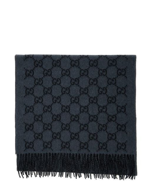 Gucci Black Scarf With Fringed Hem And Gg Motif Jacquard for men