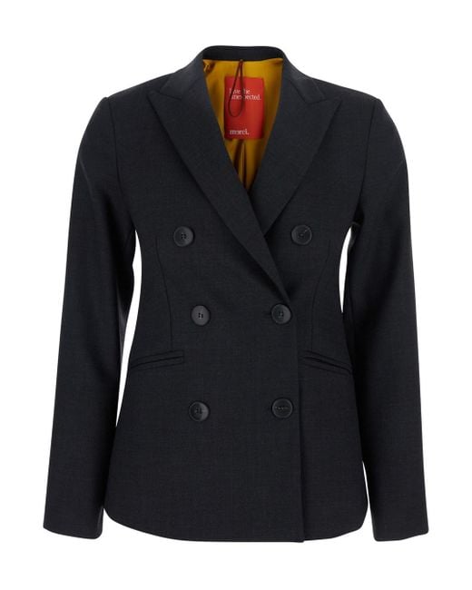 ..,merci Black Double-Breasted Jacket With Peak Revers
