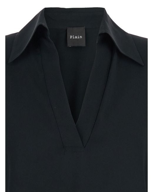 Le Plain Black Blouse With Polo Shirt Style Collar And V Neck
